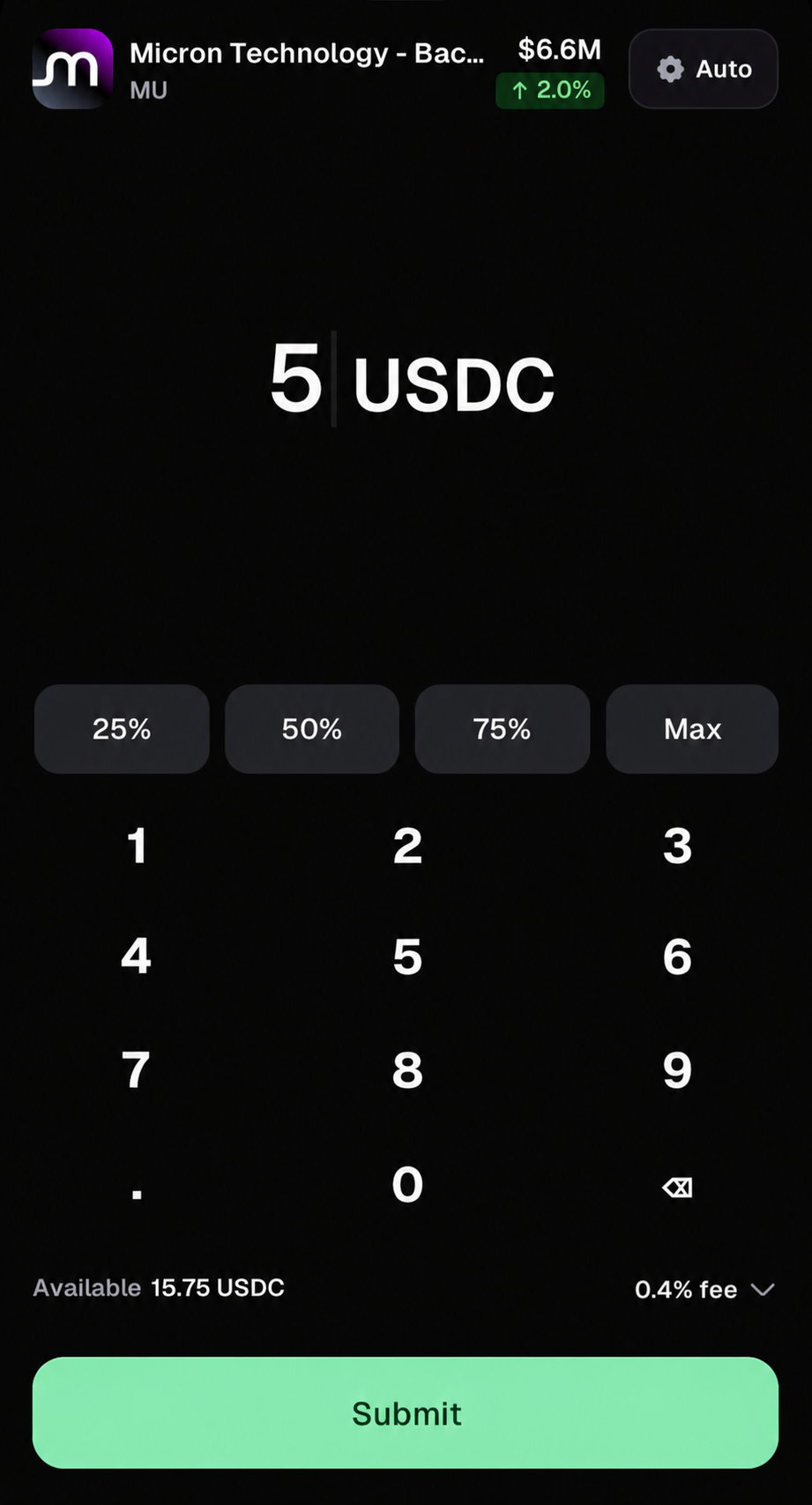 Pump.fun buy screen entering 5 USDC for Micron with a 0.4% fee shown above the Submit button