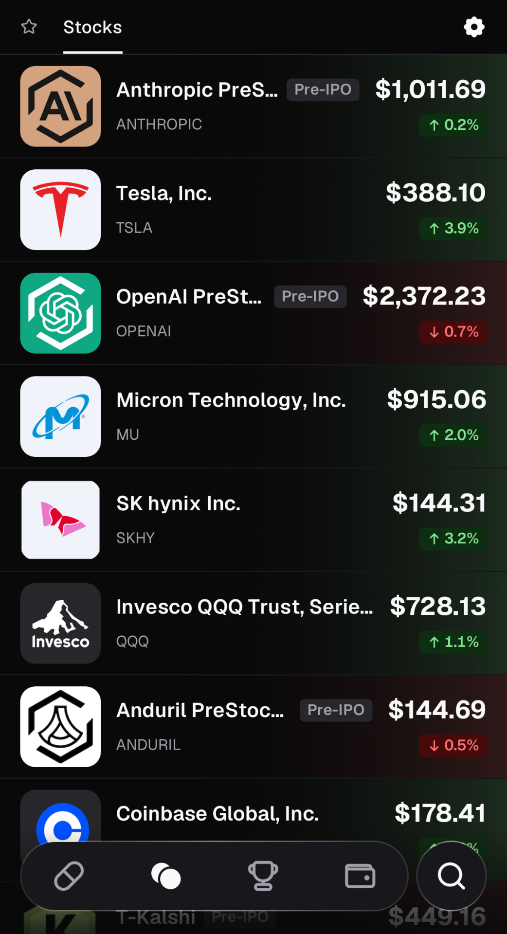Pump.fun Stocks tab listing Tesla, Micron, SK hynix, the QQQ ETF and Pre-IPO tokens with prices