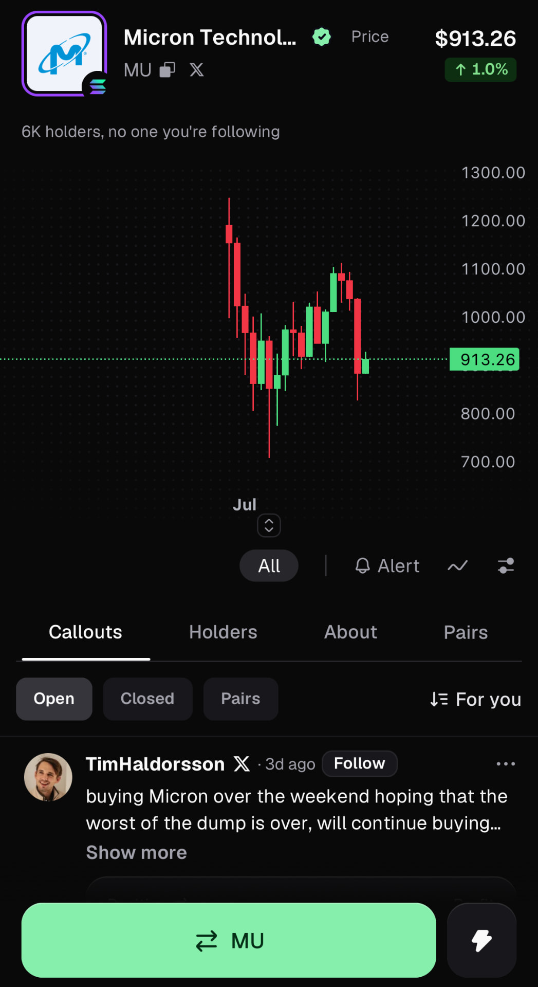 Pump.fun page for the Micron (MU) stock token showing its chart, a verified badge and a green trade button